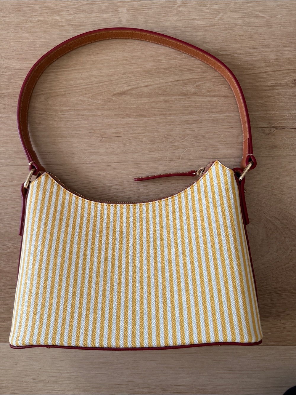 Dooney & Bourke Yellow and White Stripe Canvas Shoulder Bag with Red Trim - Picture 2 of 4
